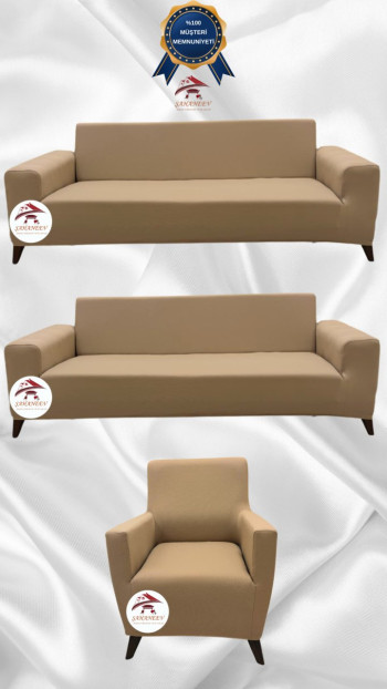 Mikro Kumaş Lastikli Giydirme Koltuk Örtüsü - Kaymaz Elastik Koltuk Koruyucu Sütlü Kahve Renk 3+3+1 (3 Parça Set)