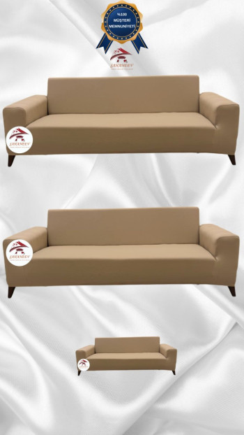 Mikro Kumaş Lastikli Giydirme Koltuk Örtüsü - Kaymaz Elastik Koltuk Koruyucu Sütlü Kahve Renk 3+3+2 (3 Parça Set)