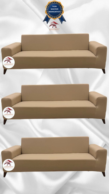 Mikro Kumaş Lastikli Giydirme Koltuk Örtüsü - Kaymaz Elastik Koltuk Koruyucu Sütlü Kahve Renk 3+3+3 (3 Parça Set)