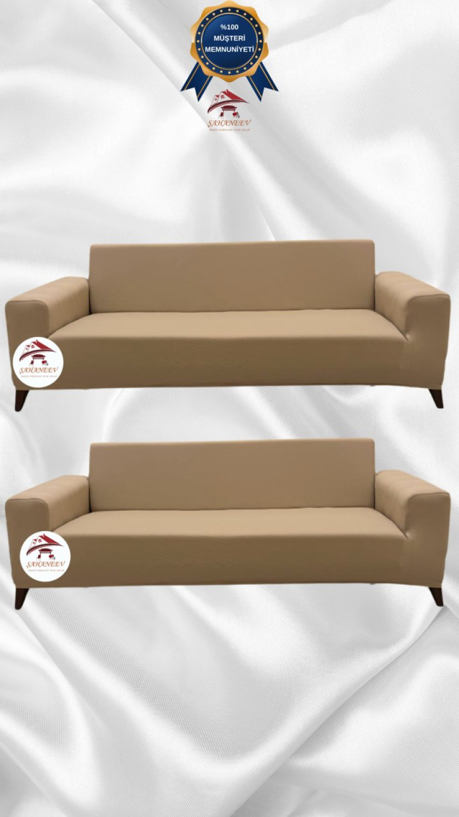 Mikro Kumaş Lastikli Giydirme Koltuk Örtüsü - Kaymaz Elastik Koltuk Koruyucu Sütlü Kahve Renk 3+3 (2 Parça Set) Özel Ölçü