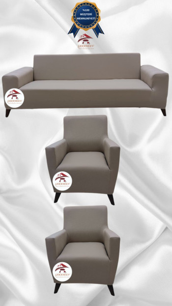 Mikro Kumaş Lastikli Giydirme Koltuk Örtüsü - Kaymaz Elastik Koltuk Koruyucu Vizon Renk 3+1+1 (3 Parça Set)