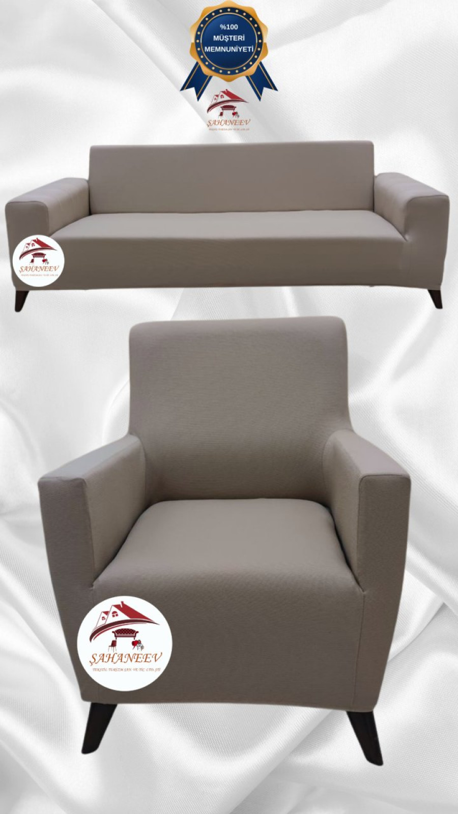 Mikro Kumaş Lastikli Giydirme Koltuk Örtüsü - Kaymaz Elastik Koltuk Koruyucu Vizon Renk 3+1 (2 Parça Set) Özel Ölçü