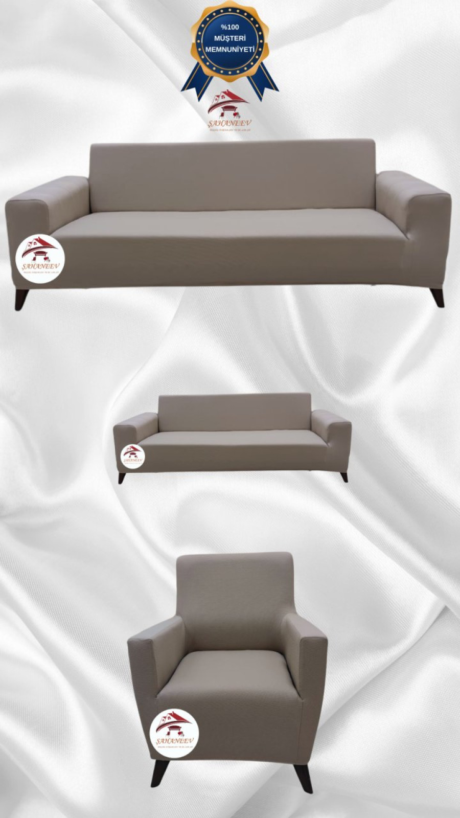 Mikro Kumaş Lastikli Giydirme Koltuk Örtüsü - Kaymaz Elastik Koltuk Koruyucu Vizon Renk 3+2+1 (3 Parça Set) Özel Ölçü