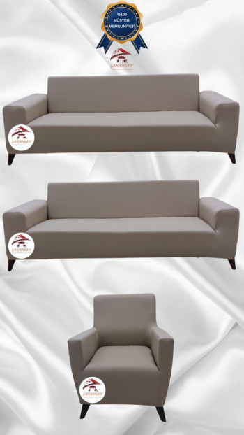 Mikro Kumaş Lastikli Giydirme Koltuk Örtüsü - Kaymaz Elastik Koltuk Koruyucu Vizon Renk 3+3+1 (3 Parça Set)
