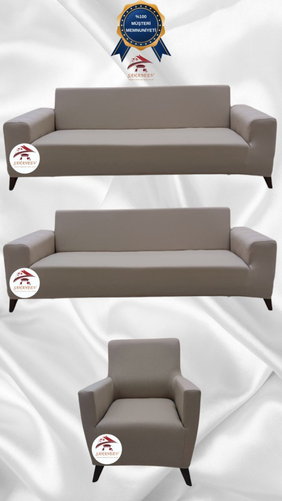 Mikro Kumaş Lastikli Giydirme Koltuk Örtüsü - Kaymaz Elastik Koltuk Koruyucu Vizon Renk 3+3+1 (3 Parça Set)