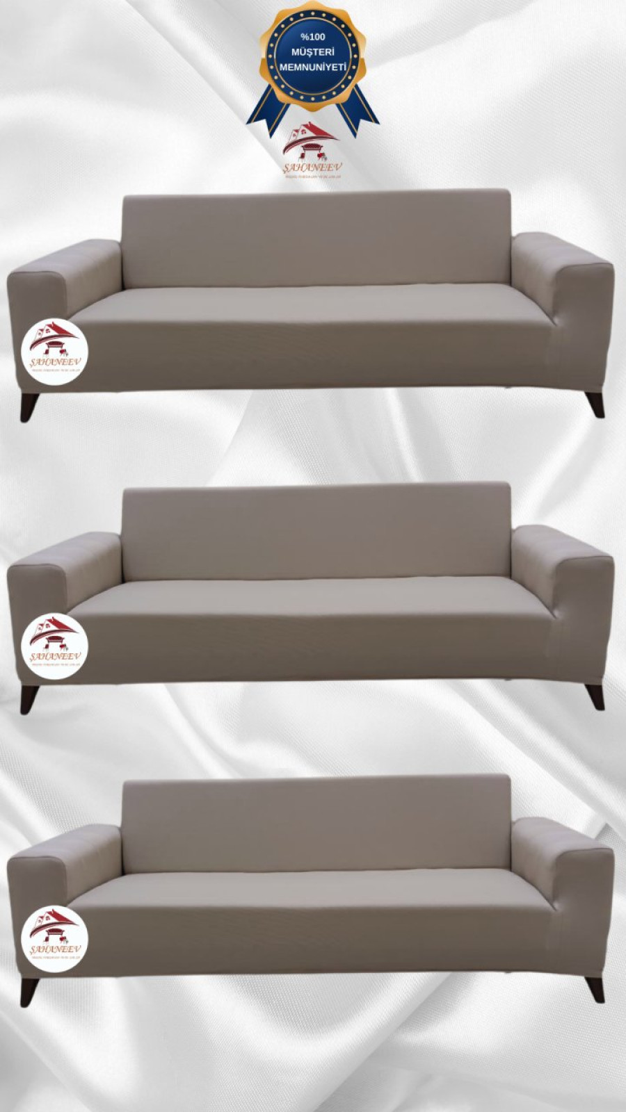 Mikro Kumaş Lastikli Giydirme Koltuk Örtüsü - Kaymaz Elastik Koltuk Koruyucu Vizon Renk 3+3+3 (3 Parça Set)