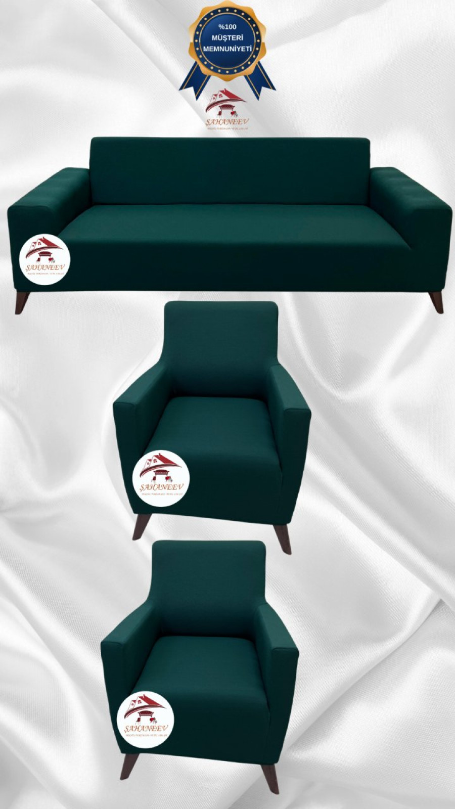 Mikro Kumaş Lastikli Giydirme Koltuk Örtüsü - Kaymaz Elastik Koltuk Koruyucu Zümrüt Yeşili Renk 3+1+1 (3 Parça Set)