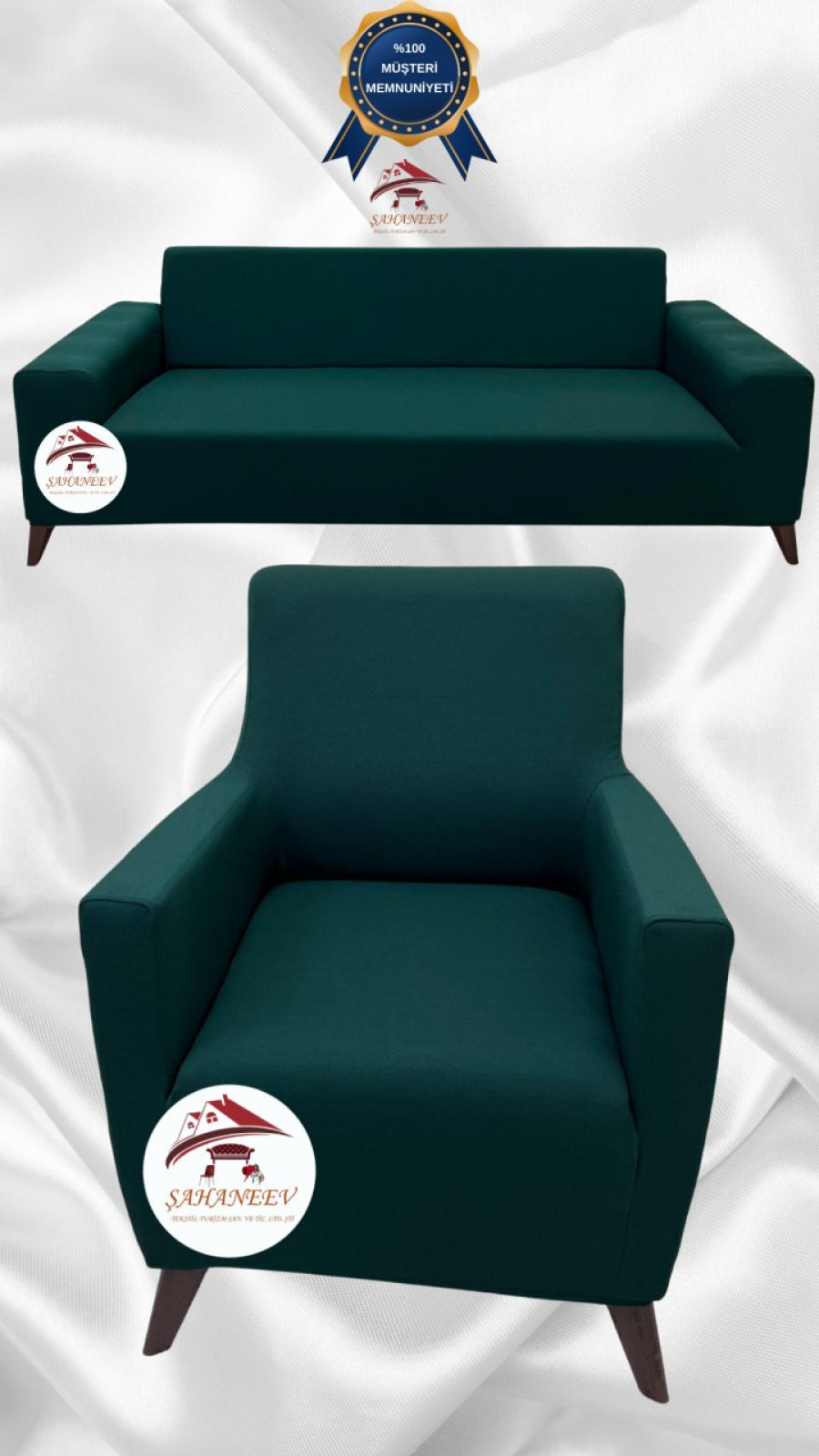 Mikro Kumaş Lastikli Giydirme Koltuk Örtüsü - Kaymaz Elastik Koltuk Koruyucu Zümrüt Yeşili Renk 3+1 (2 Parça Set) Özel Ölçü