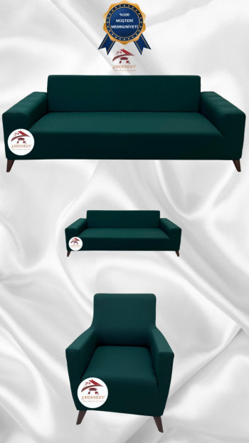 Mikro Kumaş Lastikli Giydirme Koltuk Örtüsü - Kaymaz Elastik Koltuk Koruyucu Zümrüt Yeşili Renk 3+2+1 (3 Parça Set)