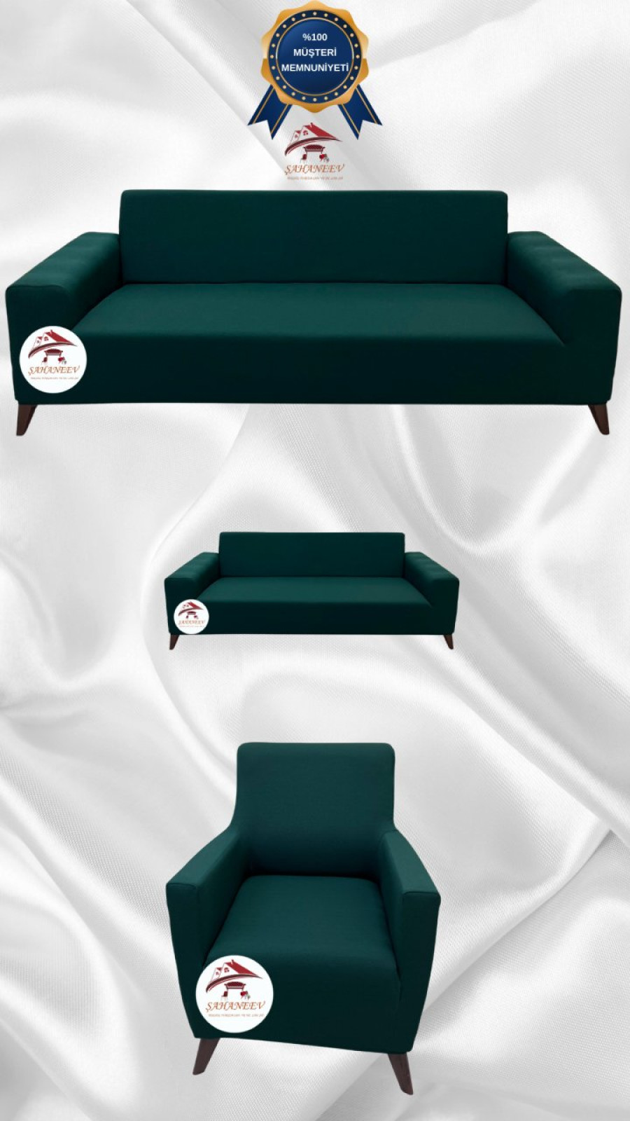 Mikro Kumaş Lastikli Giydirme Koltuk Örtüsü - Kaymaz Elastik Koltuk Koruyucu Zümrüt Yeşili Renk 3+2+1 (3 Parça Set) Özel Ölçü