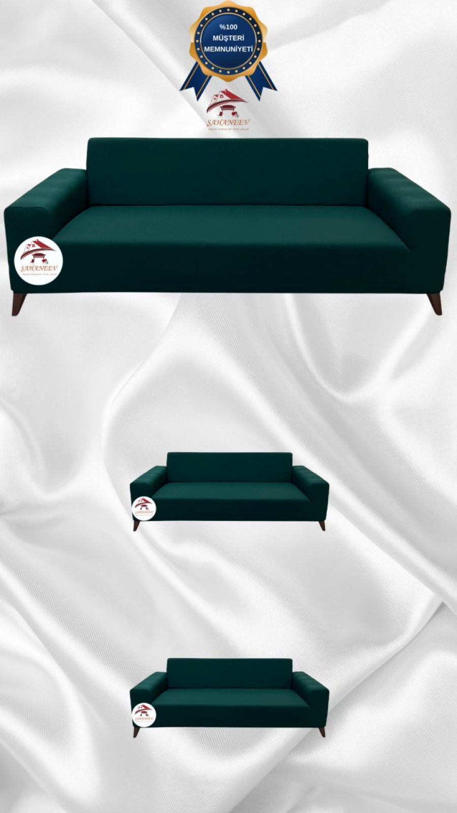 Mikro Kumaş Lastikli Giydirme Koltuk Örtüsü - Kaymaz Elastik Koltuk Koruyucu Zümrüt Yeşili Renk 3+2+2 (3 Parça Set) Özel Ölçü