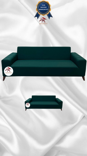 Mikro Kumaş Lastikli Giydirme Koltuk Örtüsü - Kaymaz Elastik Koltuk Koruyucu Zümrüt Yeşili Renk 3+2 (2 Parça Set)