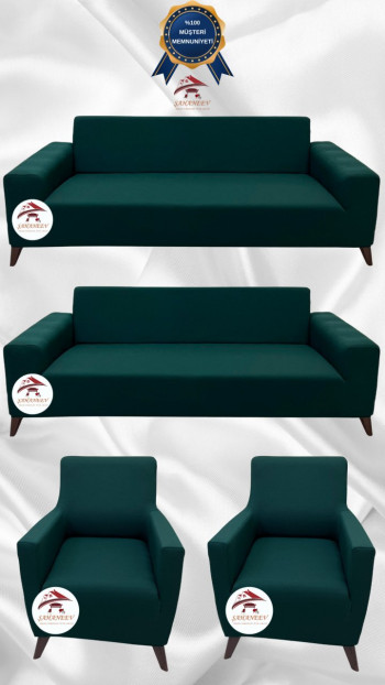 Mikro Kumaş Lastikli Giydirme Koltuk Örtüsü - Kaymaz Elastik Koltuk Koruyucu Zümrüt Yeşili Renk 3+3+1+1 (4 Parça Set)