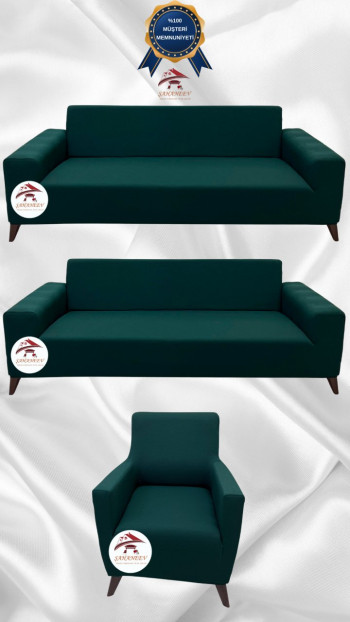 Mikro Kumaş Lastikli Giydirme Koltuk Örtüsü - Kaymaz Elastik Koltuk Koruyucu Zümrüt Yeşili Renk 3+3+1 (3 Parça Set)