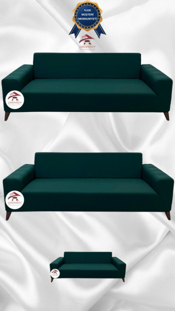 Mikro Kumaş Lastikli Giydirme Koltuk Örtüsü - Kaymaz Elastik Koltuk Koruyucu Zümrüt Yeşili Renk 3+3+2 (3 Parça Set)