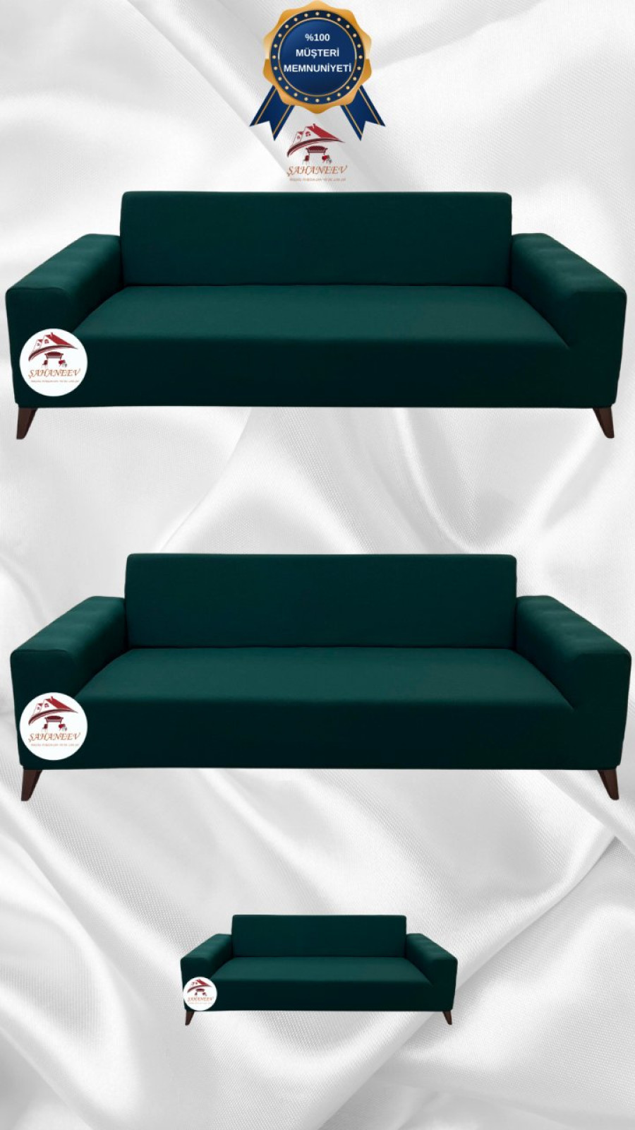 Mikro Kumaş Lastikli Giydirme Koltuk Örtüsü - Kaymaz Elastik Koltuk Koruyucu Zümrüt Yeşili Renk 3+3+2 (3 Parça Set) Özel Ölçü