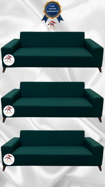 Mikro Kumaş Lastikli Giydirme Koltuk Örtüsü - Kaymaz Elastik Koltuk Koruyucu Zümrüt Yeşili Renk 3+3+3 (3 Parça Set)