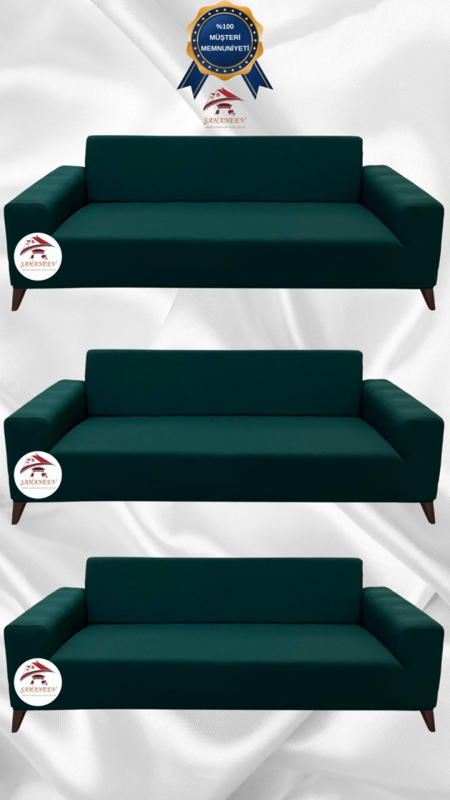 Mikro Kumaş Lastikli Giydirme Koltuk Örtüsü - Kaymaz Elastik Koltuk Koruyucu Zümrüt Yeşili Renk 3+3+3 (3 Parça Set)