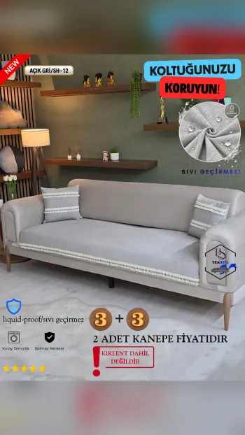 Sıvı Geçirmez Şönil Koltuk Örtüsü - Püsküllü Koltuk Koruyucu Açık Gri SH-12 Renk 3+3 (2 Parça Set)
