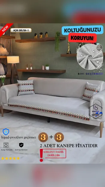 Sıvı Geçirmez Şönil Koltuk Örtüsü - Püsküllü Koltuk Koruyucu Açık Gri SH-1 Renk 3+3 (2 Parça Set)