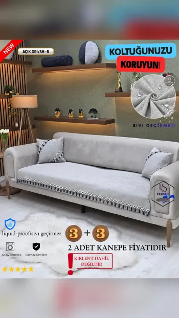 Sıvı Geçirmez Şönil Koltuk Örtüsü - Püsküllü Koltuk Koruyucu Açık Gri SH-5 Renk 3+3 (2 Parça Set)