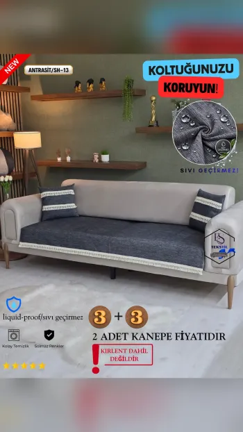 Waterproof Chenille Sofa Cover - Tasseled Sofa Protector Anthracite SH-13 Color 3+3 (2 Piece Set)