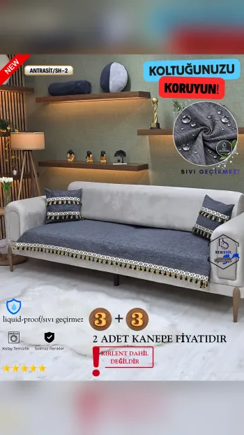 Waterproof Chenille Sofa Cover - Tasseled Sofa Protector Anthracite SH-2 Color 3+3 (2 Piece Set)