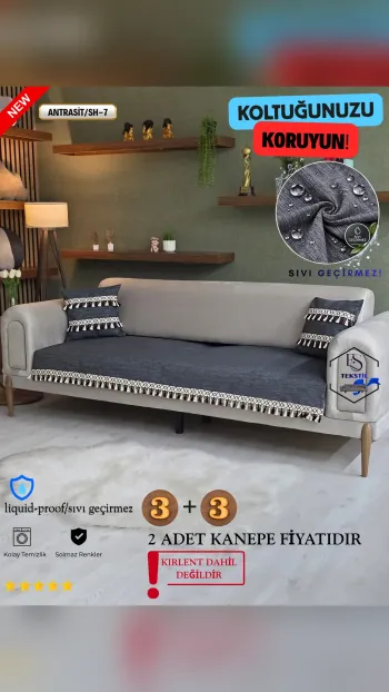 Waterproof Chenille Sofa Cover - Tasseled Sofa Protector Anthracite SH-7 Color 3+3 (2 Piece Set)