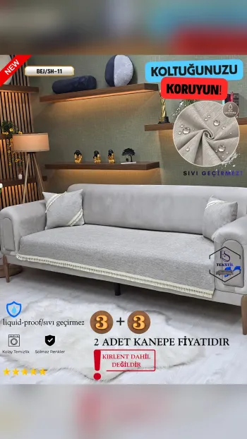Waterproof Chenille Sofa Cover - Tasseled Sofa Protector Beige SH-11 Color 3+3 (2 Piece Set)