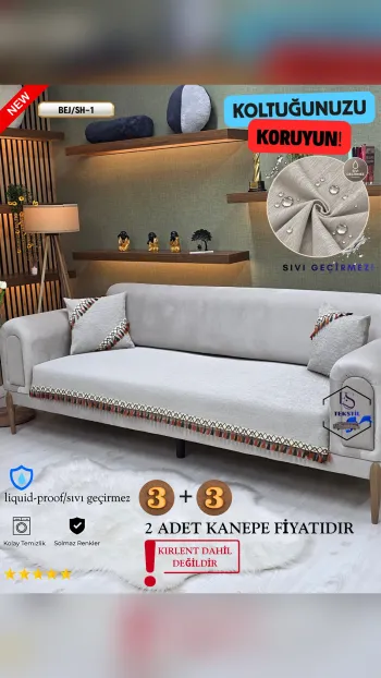 Waterproof Chenille Sofa Cover - Tasseled Sofa Protector Beige SH-1 Color 3+3 (2 Piece Set)