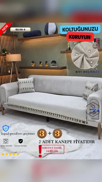 Waterproof Chenille Sofa Cover - Tasseled Sofa Protector Beige SH-6 Color 3+3 (2 Piece Set)
