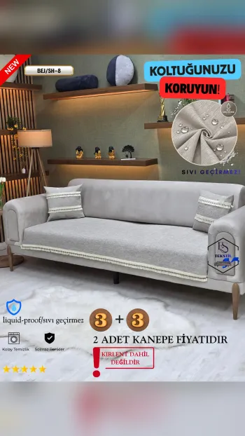 Waterproof Chenille Sofa Cover - Tasseled Sofa Protector Beige SH-8 Color 3+3 (2 Piece Set)