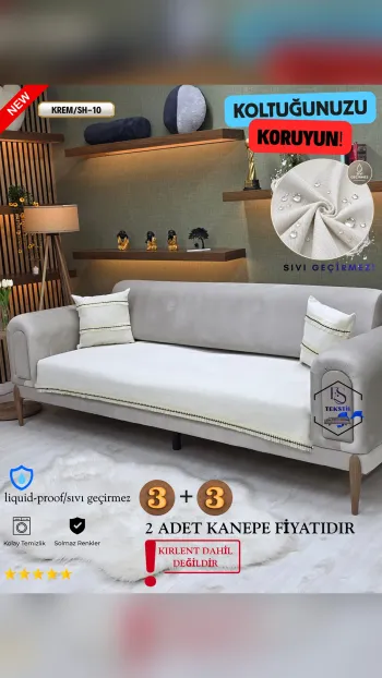 Waterproof Chenille Sofa Cover - Tasseled Sofa Protector Cream SH-10 Color 3+3 (2 Piece Set)