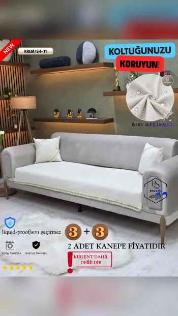 Waterproof Chenille Sofa Cover - Tasseled Sofa Protector Cream SH-11 Color 3+3 (2 Piece Set)