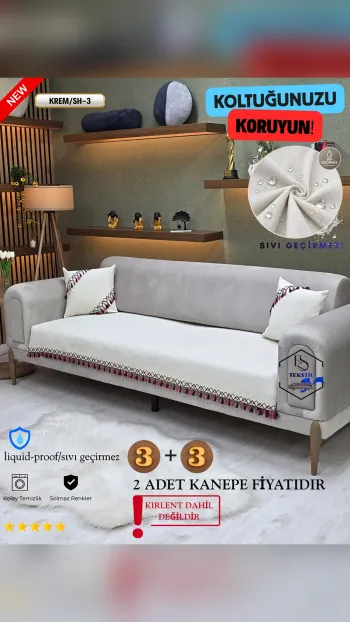 Waterproof Chenille Sofa Cover - Tasseled Sofa Protector Cream SH-3 Color 3+3 (2 Piece Set)