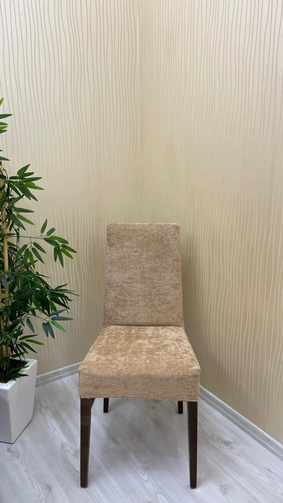 Baby Face Kumaş Lastikli Sandalye Örtüsü - Kaymaz Esnek Sandalye Koruyucu Sütlü Kahve Renk Altı Adet Sandalye Örtüsü