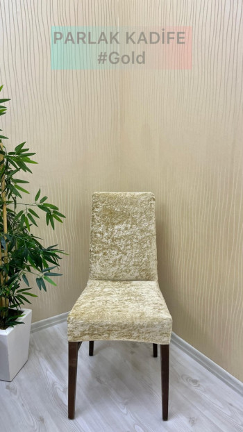 Parlak Kadife Kumaş Standart Sandalye Örtüsü - Işıltılı Lüks Sandalye Koruyucu Gold Renk Dört Adet Sandalye Örtüsü
