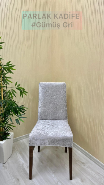 Parlak Kadife Kumaş Standart Sandalye Örtüsü - Işıltılı Lüks Sandalye Koruyucu Gümüş Gri Renk İki Adet Sandalye Örtüsü