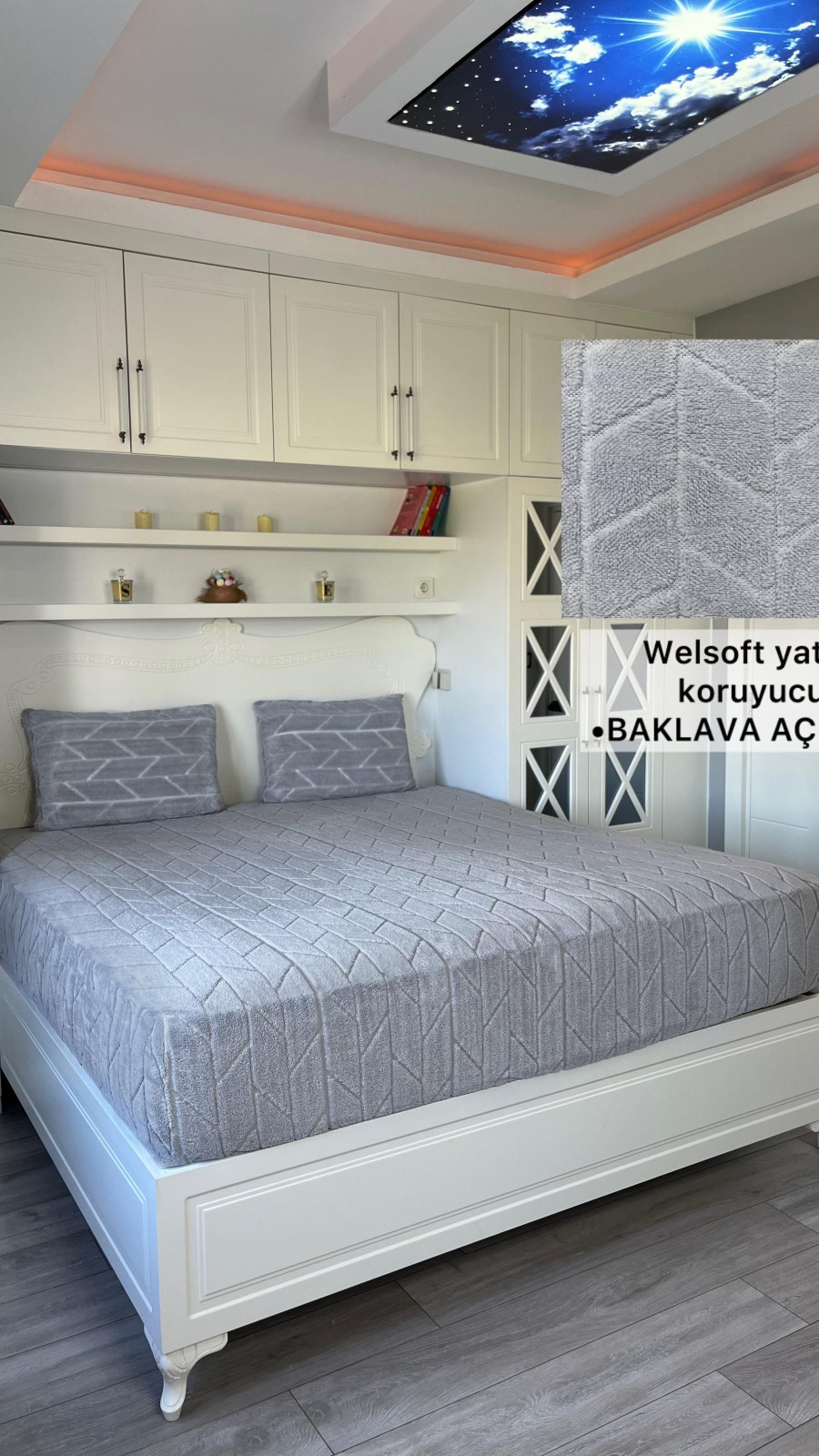 Baklava Model Welsoft Yatak Koruyucu Set - Kış Aylarının Vazgeçilmez Yumuşak Örtüsü Açık Gri Renk