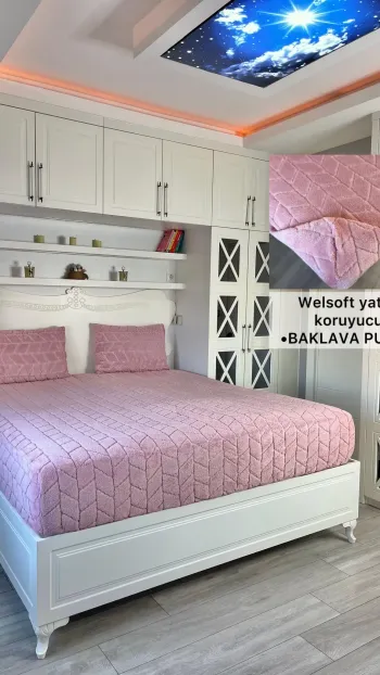 Baklava Model Welsoft Mattress Protector Set - Indispensable Soft Cover for Winter Months Powder Color