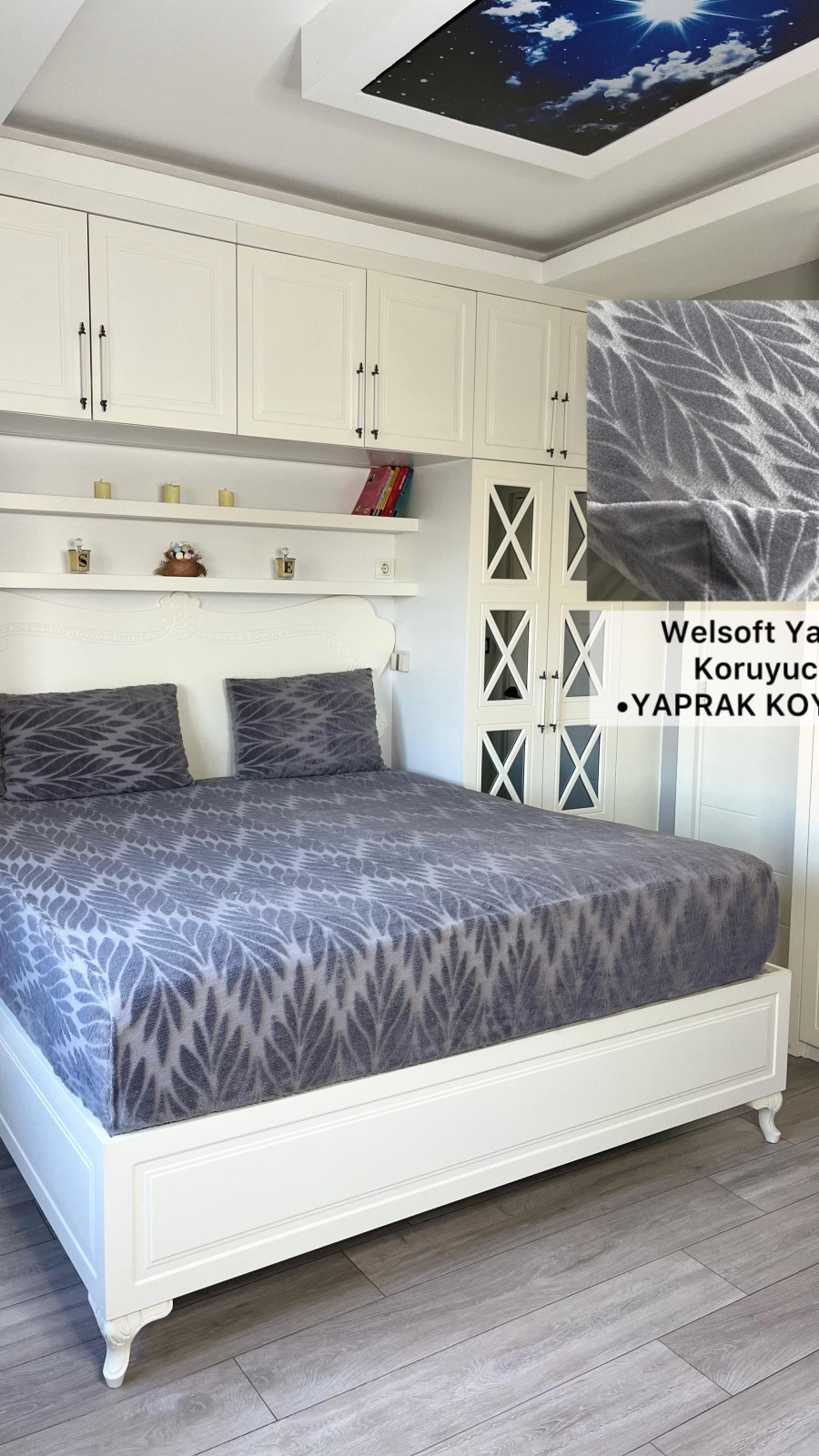 Yaprak Model Welsoft Yatak Koruyucu Set - Kış Aylarının Vazgeçilmez Yumuşak Örtüsü Koyu Gri Renk