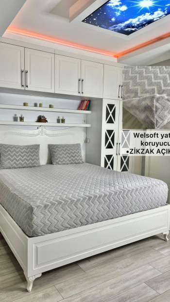 Zikzak Model Welsoft Yatak Koruyucu Set - Kış Aylarının Vazgeçilmez Yumuşak Örtüsü Açık Gri Renk